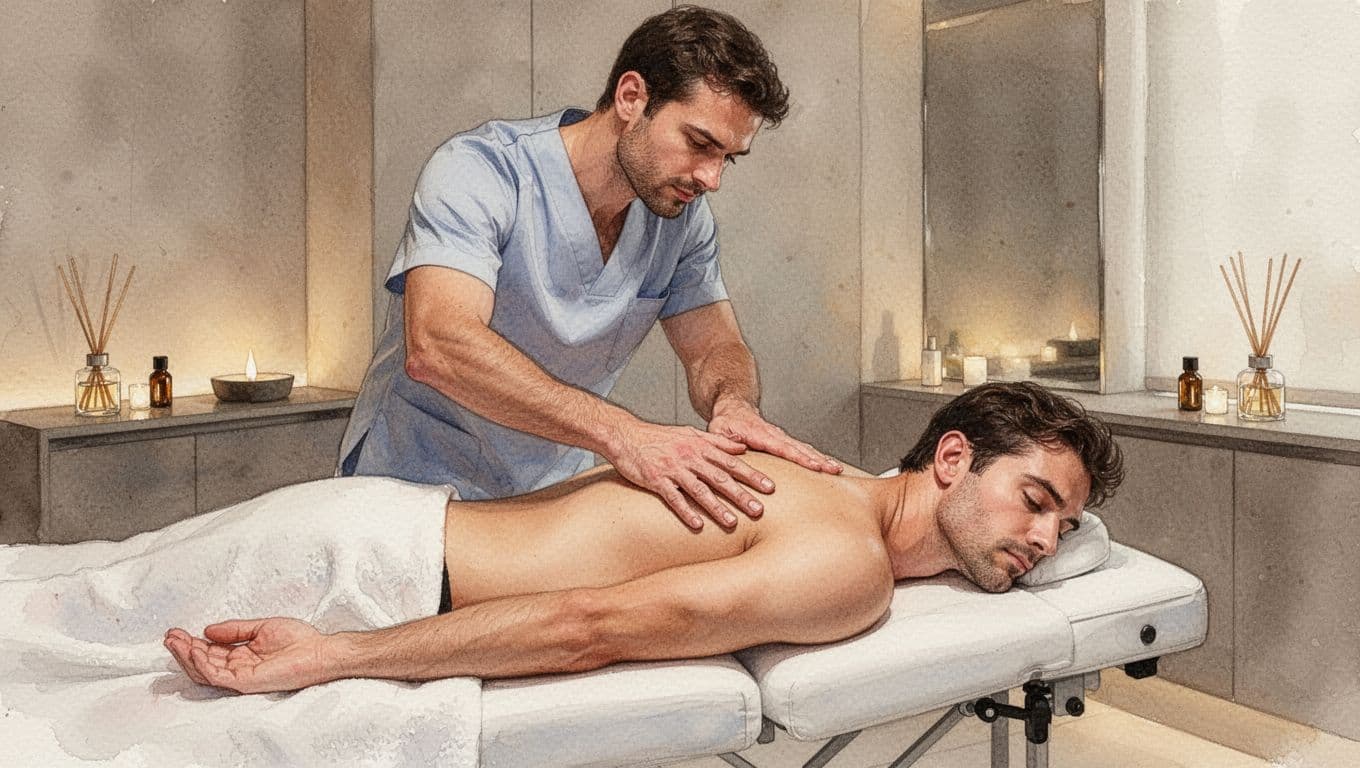 Male therapist applies firm pressure to male client's upper back on massage table in modern spa.
