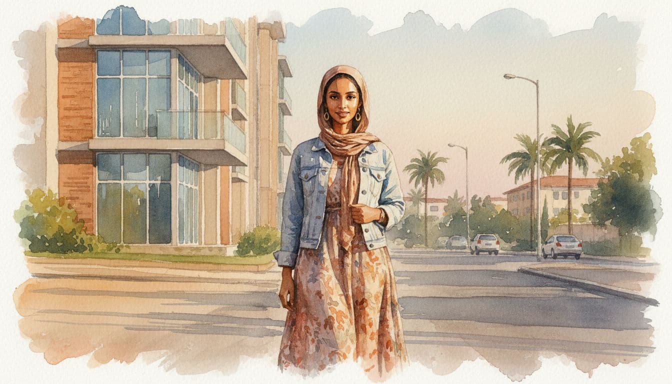 Luckysummer Escorts: Nairobi's Premier Companions A young woman with Somali features wearing an elegant casual outfit stands with a relaxed smile near a modern apartment building in a Nairobi suburb during golden hour evening, painted in watercolor style with soft blending and blurred urban background.