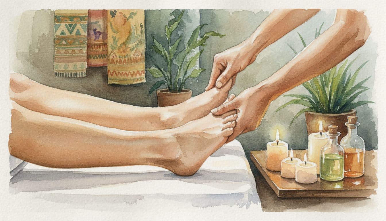 Foot Massager for Tired Feet and Nairobi Massage Fans Masseuse's hands apply reflexology to client's feet in candle-lit Nairobi spa room.