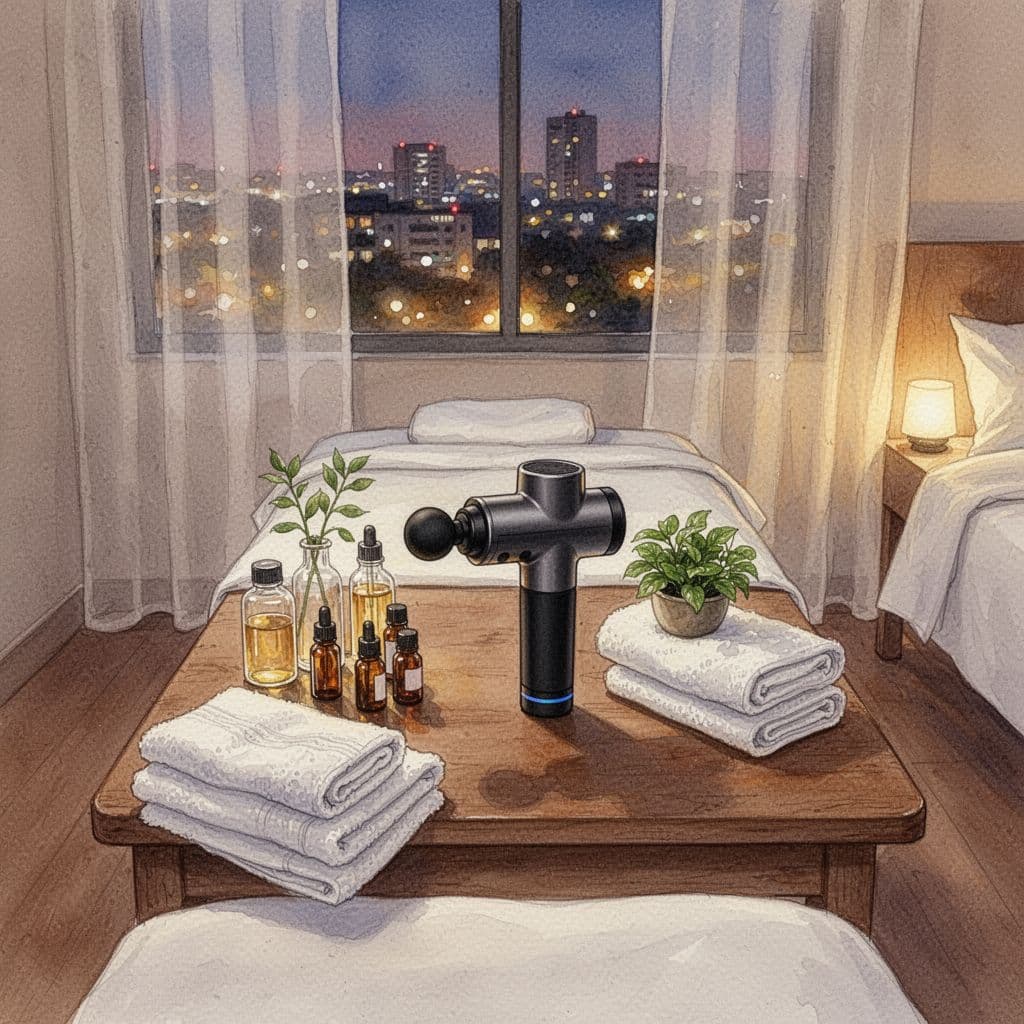Massage gun centered on a wooden spa table with essential oils, folded towels, and a plant in a cozy Nairobi bedroom spa at evening, top-down watercolor style with soft warm lighting.