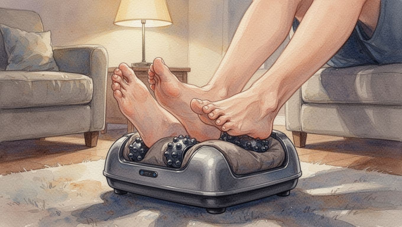 Foot Massager for Tired Feet and Nairobi Massage Fans Pair of bare feet rests on cushioned foot massager with rolling knobs in warm-lit living room.