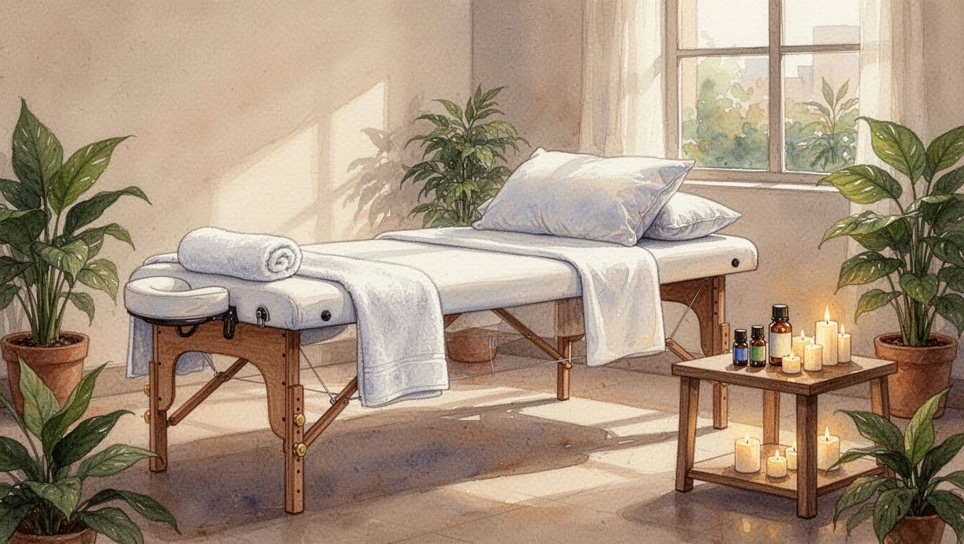 Luckysummer Escorts: Nairobi's Premier Companions Watercolor-style serene home spa in a Nairobi apartment features a wooden massage table with white towels and pillows, essential oil bottles, candles on a small table, potted plants, and soft warm lighting from a window.