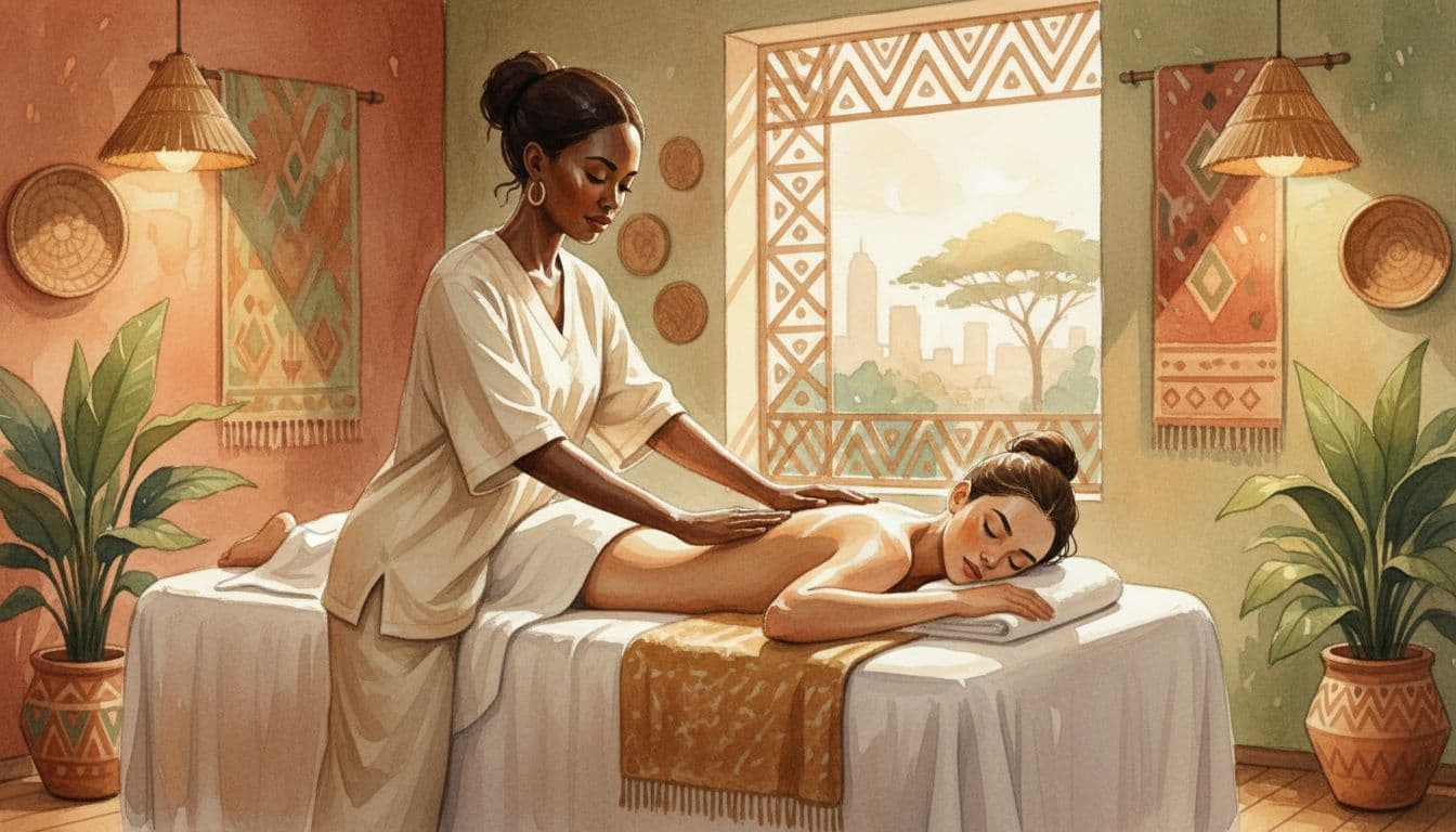 Female therapist's hands glide over relaxed female client's back on spa table in plant-filled room with warm lighting, watercolor style.