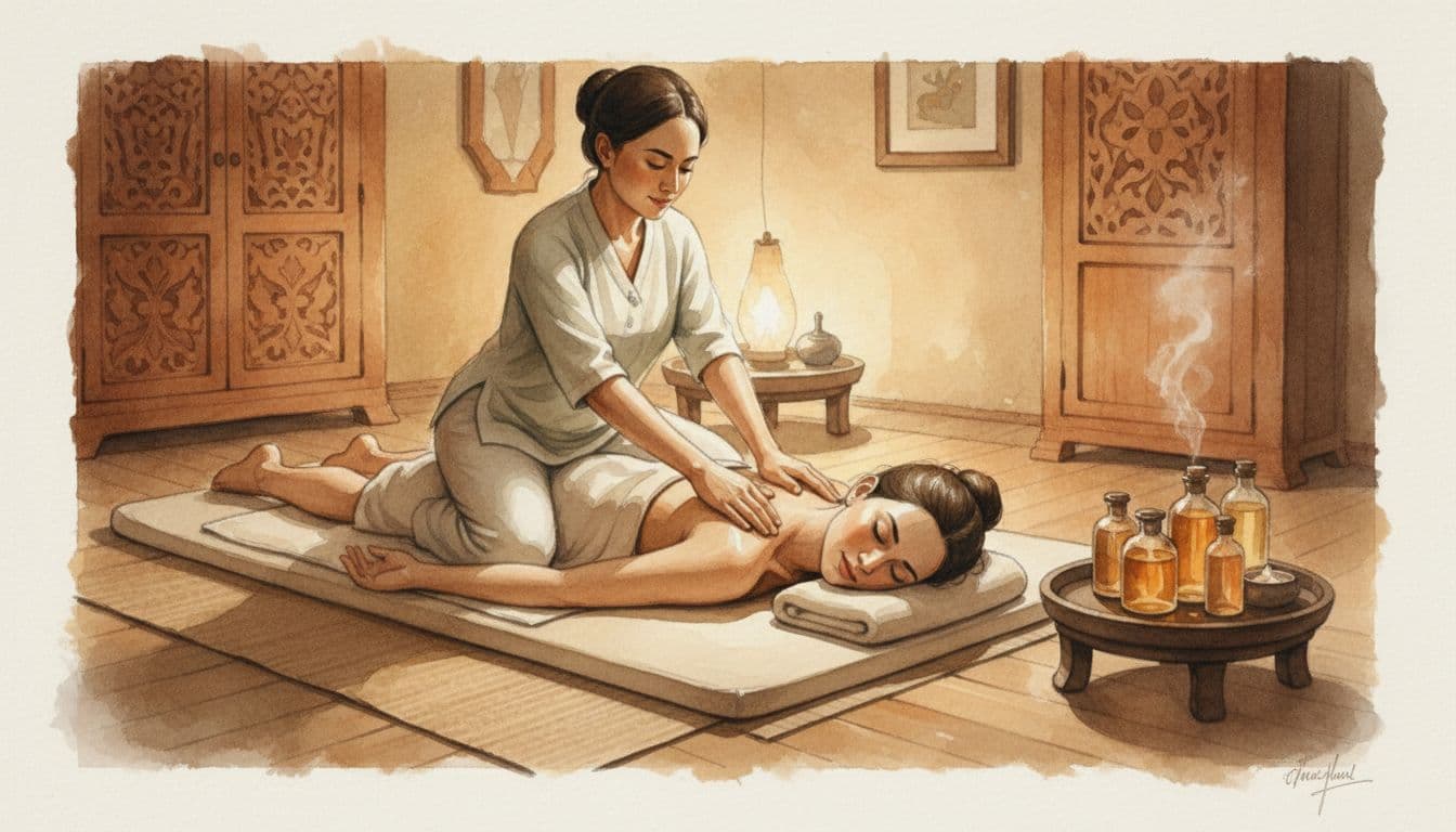 Therapist applies Thai massage to relaxed client on futon in dimly lit wooden Nairobi spa.
