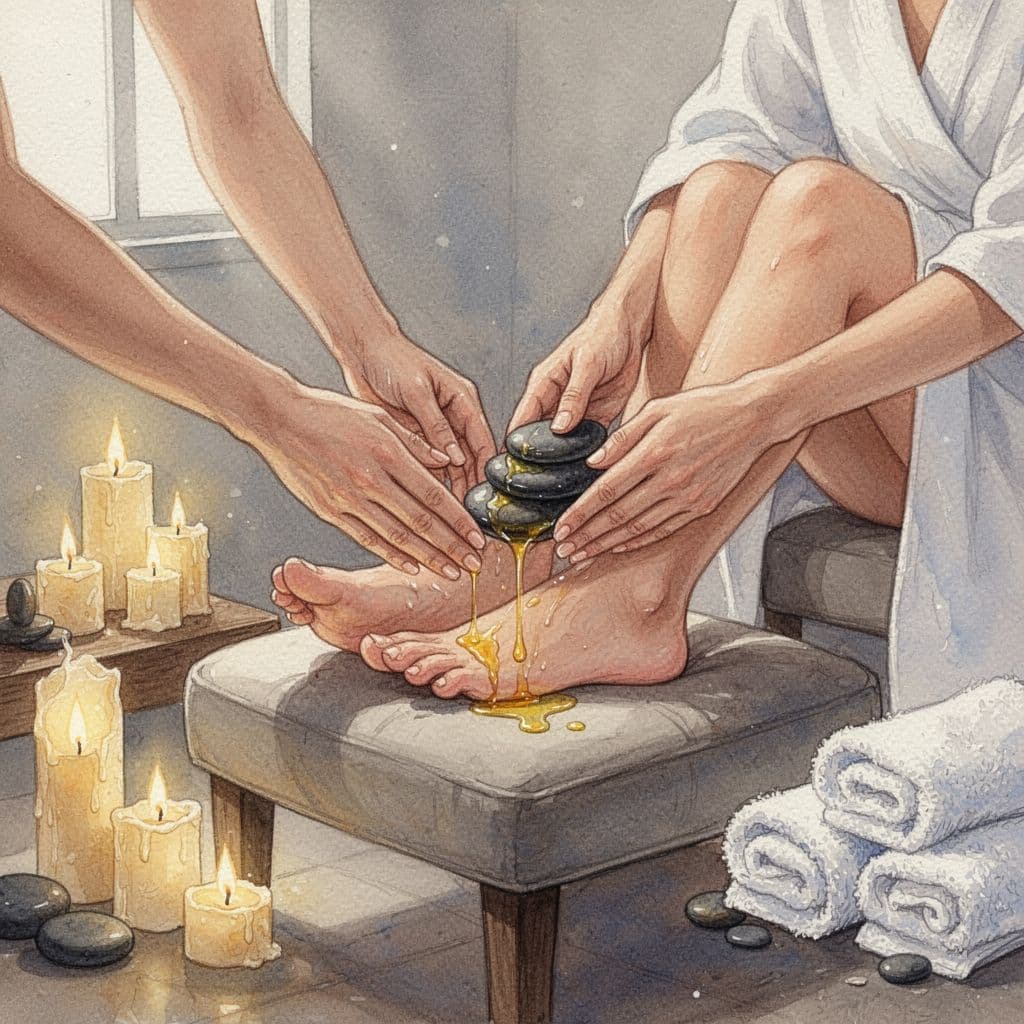 Hands apply oils and stones to bare feet on stool in spa with candles and towels, watercolor style.