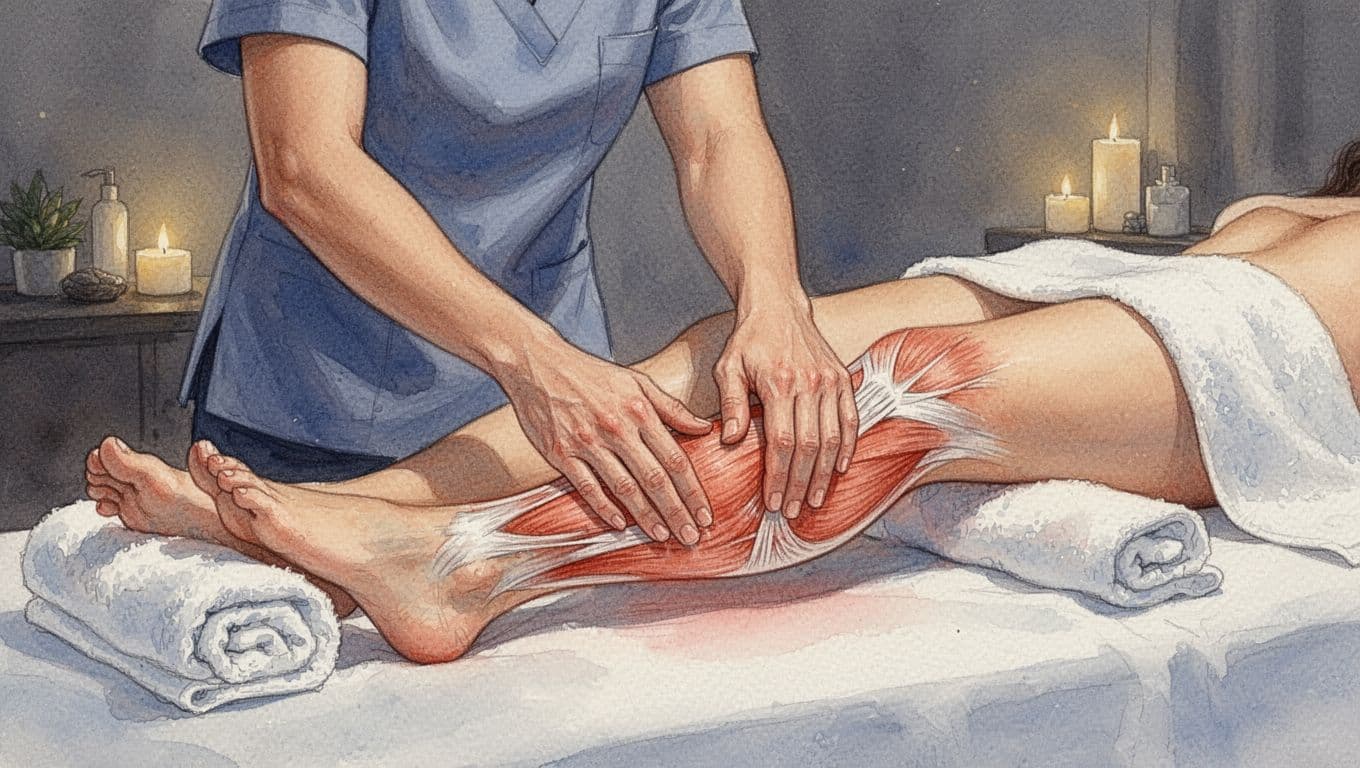 Massage Therapy Near Me in Nairobi: What to Look For Therapist's elbows and thumbs press client's calves in dim spa with towels, watercolor style.