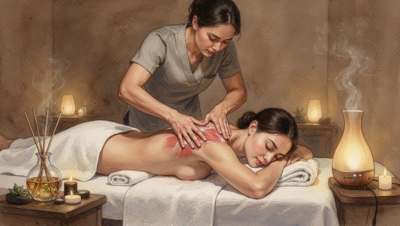 Elements Massage and What Nairobi Readers Should Know Therapist applies deep pressure with elbows and thumbs to client's shoulders and upper back on table in spa.