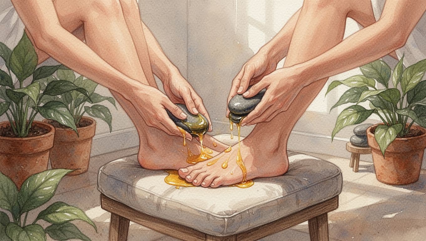 Hand and Stone Massage in Nairobi: What to Expect Close-up of two feet on cushioned stool massaged by two hands with oils and stones in cozy spa corner with potted plants.