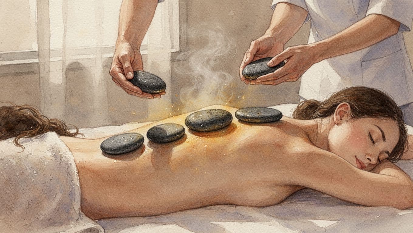 Hand and Stone Massage in Nairobi: What to Expect Heated basalt stones along spine on prone back, therapist hands hold stone nearby.