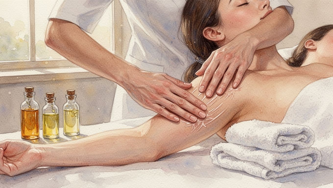 Lymphatic Drainage Massage in Nairobi: Benefits and What to Expect Therapist's hands apply light strokes to client's arm and shoulder in spa with towels and oils.