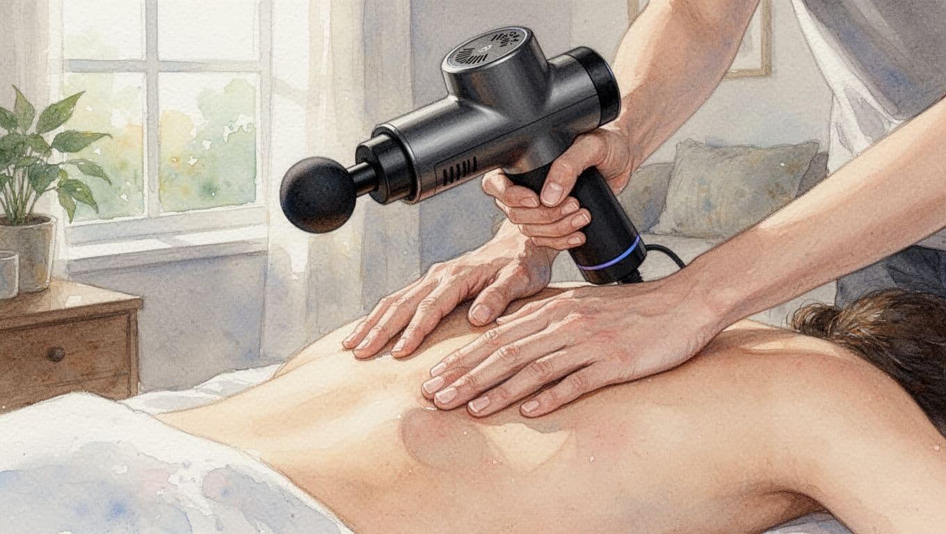 Massage Warehouse in Nairobi: Spa Picks, Therapists, and Tools Watercolor close-up of two hands applying massage gun to bare back in sunlit home.