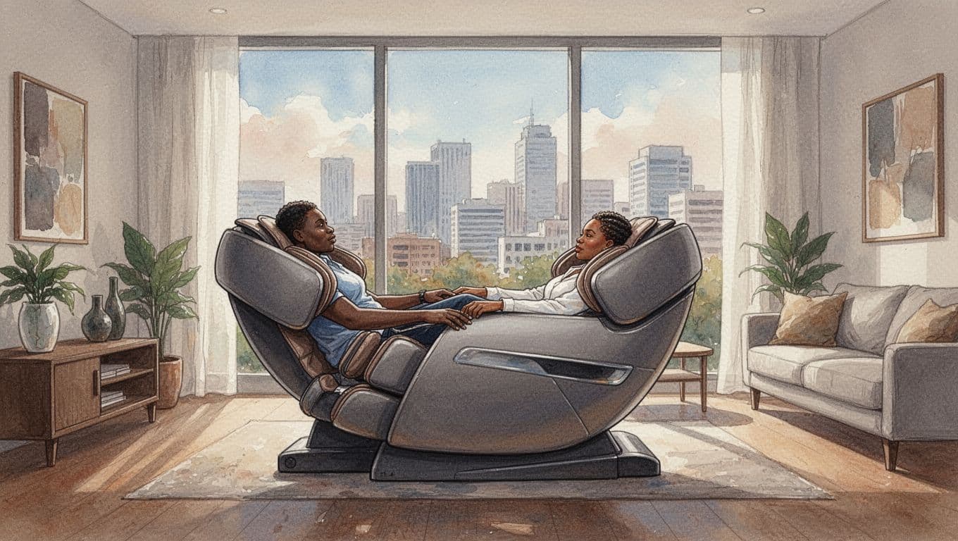 Massage Places Near Me in Nairobi: How to Choose Well Person reclines in modern massage chair in Nairobi apartment living room with city view, watercolor style.