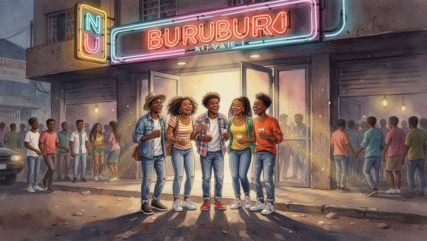 Watercolor depiction of an excited crowd of five people waiting to enter a popular Nairobi club like Kiza Lounge at night, featuring neon glow, pre-party street energy, and Buruburu vibe with soft brush textures and dynamic lighting.