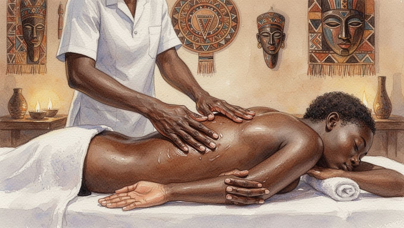 Massage Places Near Me in Nairobi: How to Choose Well Therapist's hands apply deep tissue massage to client's back in Nairobi spa with African decor, watercolor style.
