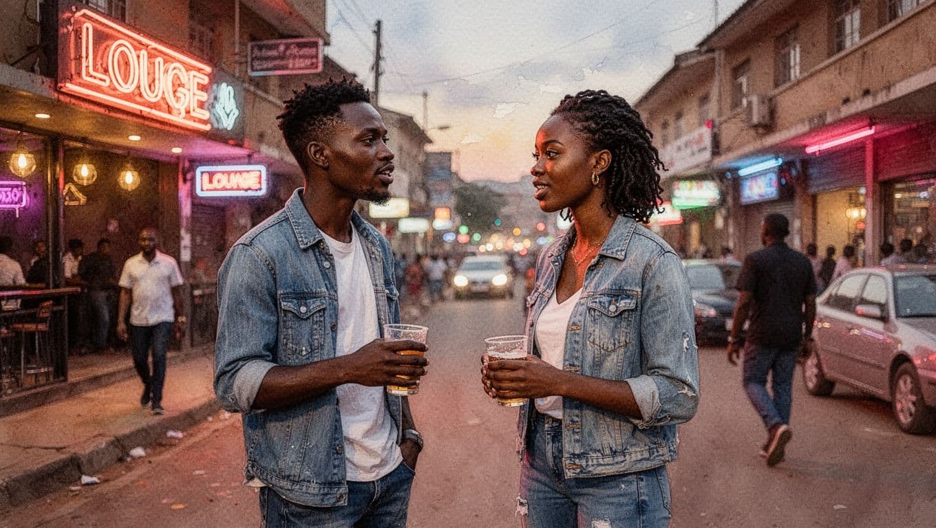 Vibrant watercolor-style Nairobi street scene at dusk with exactly two people chatting outside a lounge under warm neon lights, conveying a lively yet relaxed Swahili cultural vibe.