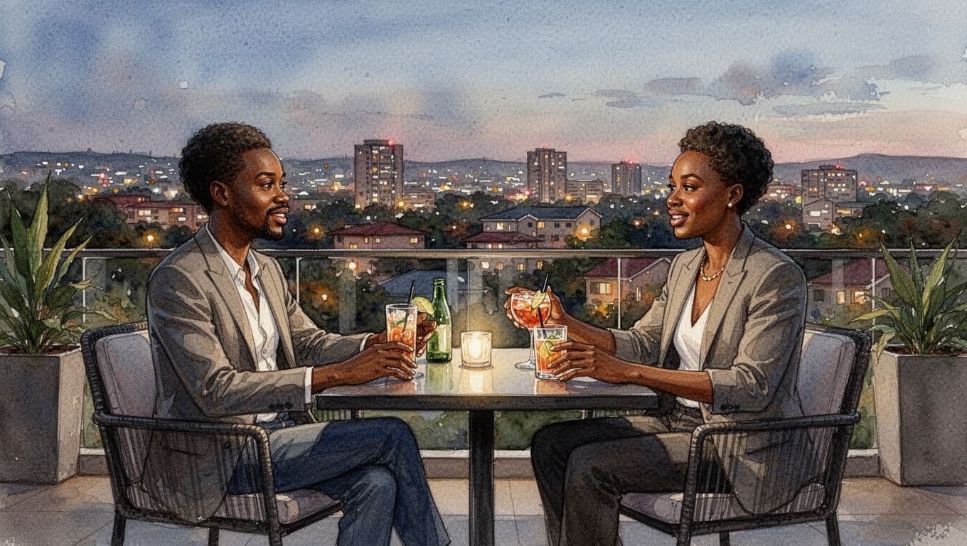 Trendy lounge in Nairobi Kilimani at evening with three stylish patrons on terrace chatting over drinks against city lights, watercolor style with soft blending.