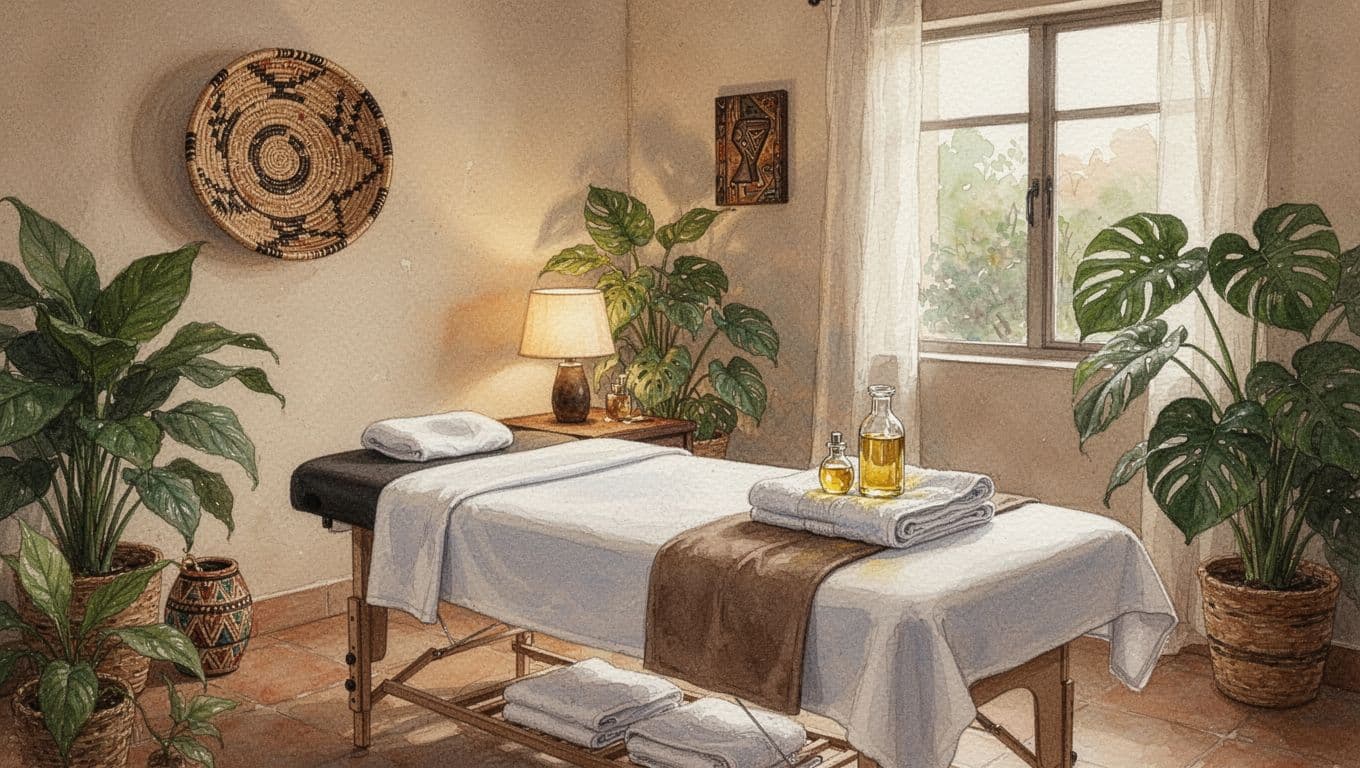 Lymphatic Drainage Massage in Nairobi: Benefits and What to Expect Watercolor-style cozy spa room with empty massage table, towels, oil bottle, woven basket, green plants, warm lamp light, and daylight window.