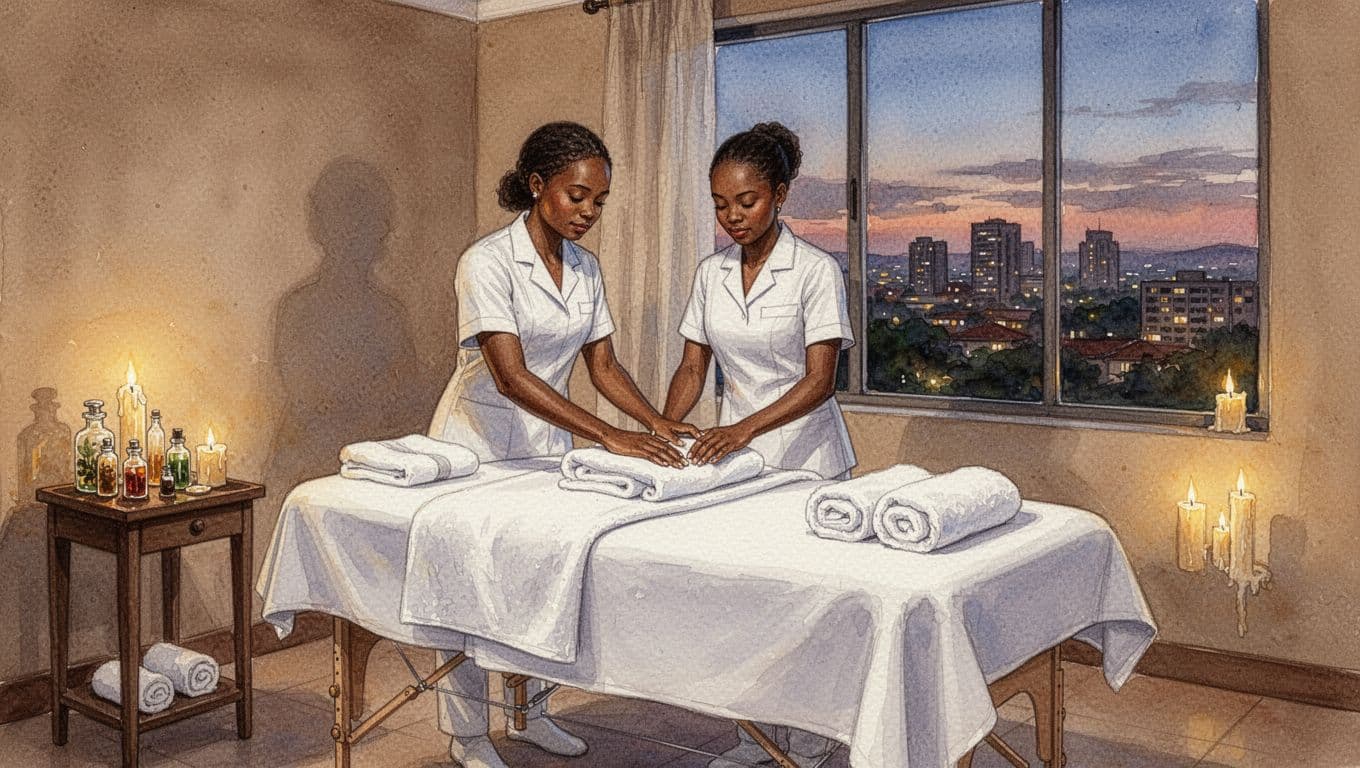 Nairobi Massage Spa Telegram: What to Check Before You Book Watercolor spa interior with draped massage table, oil bottles, candles, Nairobi skyline at dusk, female therapist arranging.