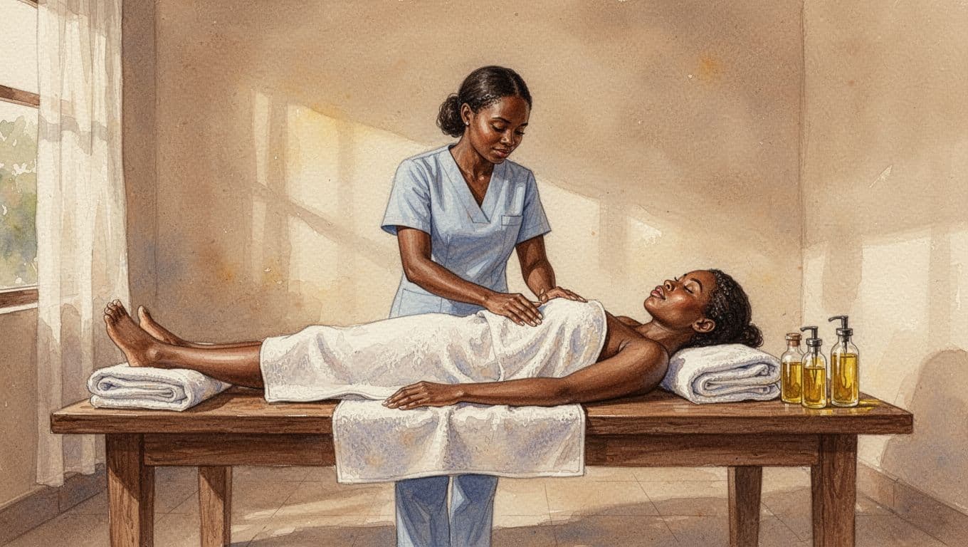 Massage Warehouse in Nairobi: Spa Picks, Therapists, and Tools Female therapist gives full body massage to client on table in softly lit spa room with towels and oils, watercolor style.