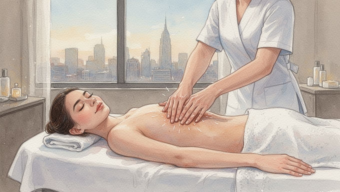 Lymphatic Massage in Nairobi: Gentle Relief That Works Woman lies on spa bed receiving back lymphatic massage from therapist in modern Nairobi room with skyline view, watercolor style.