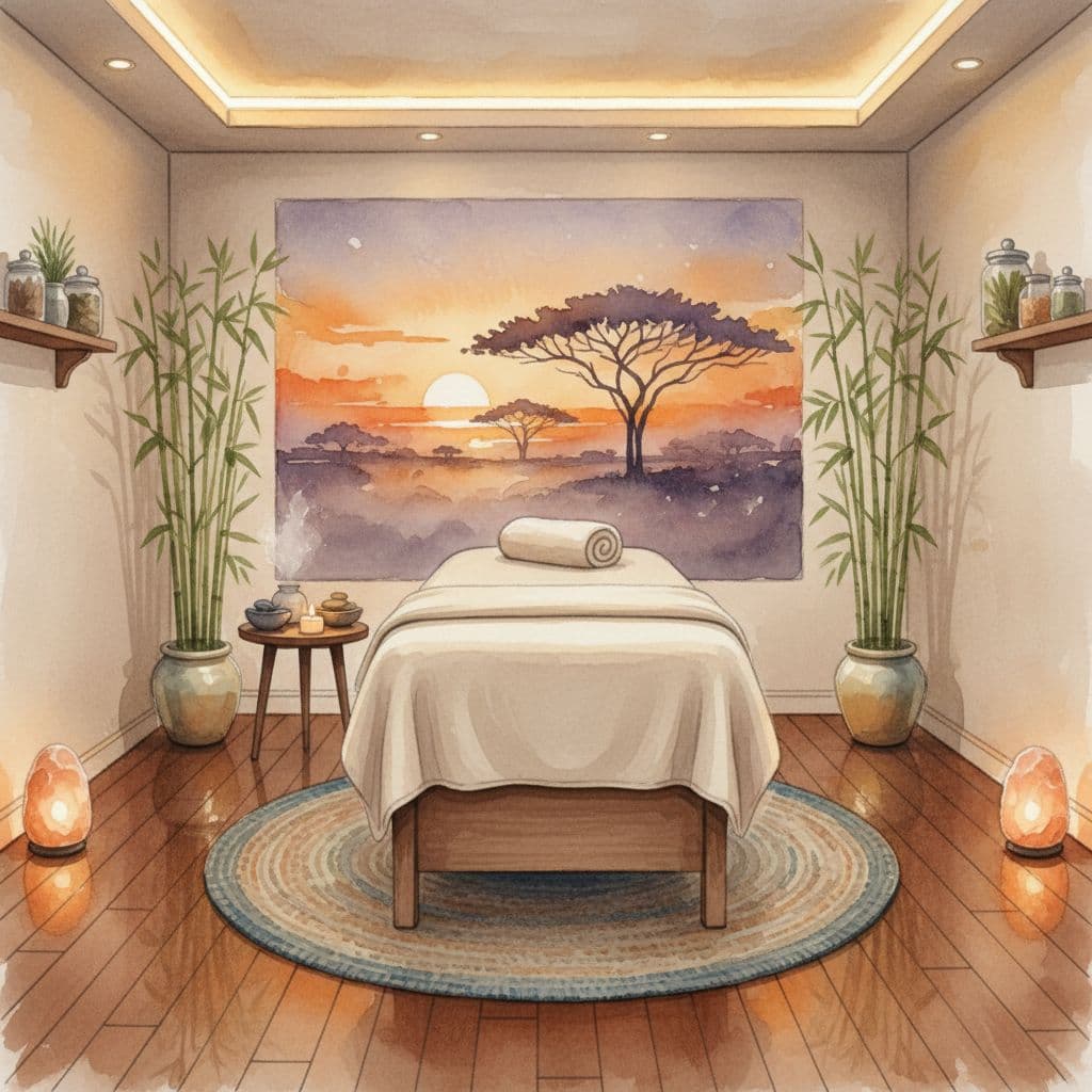 Nairobi Massage Spa Telegram: How to Read Local Listings A watercolor painting depicts a tranquil massage room with an empty table and soft warm lighting.
