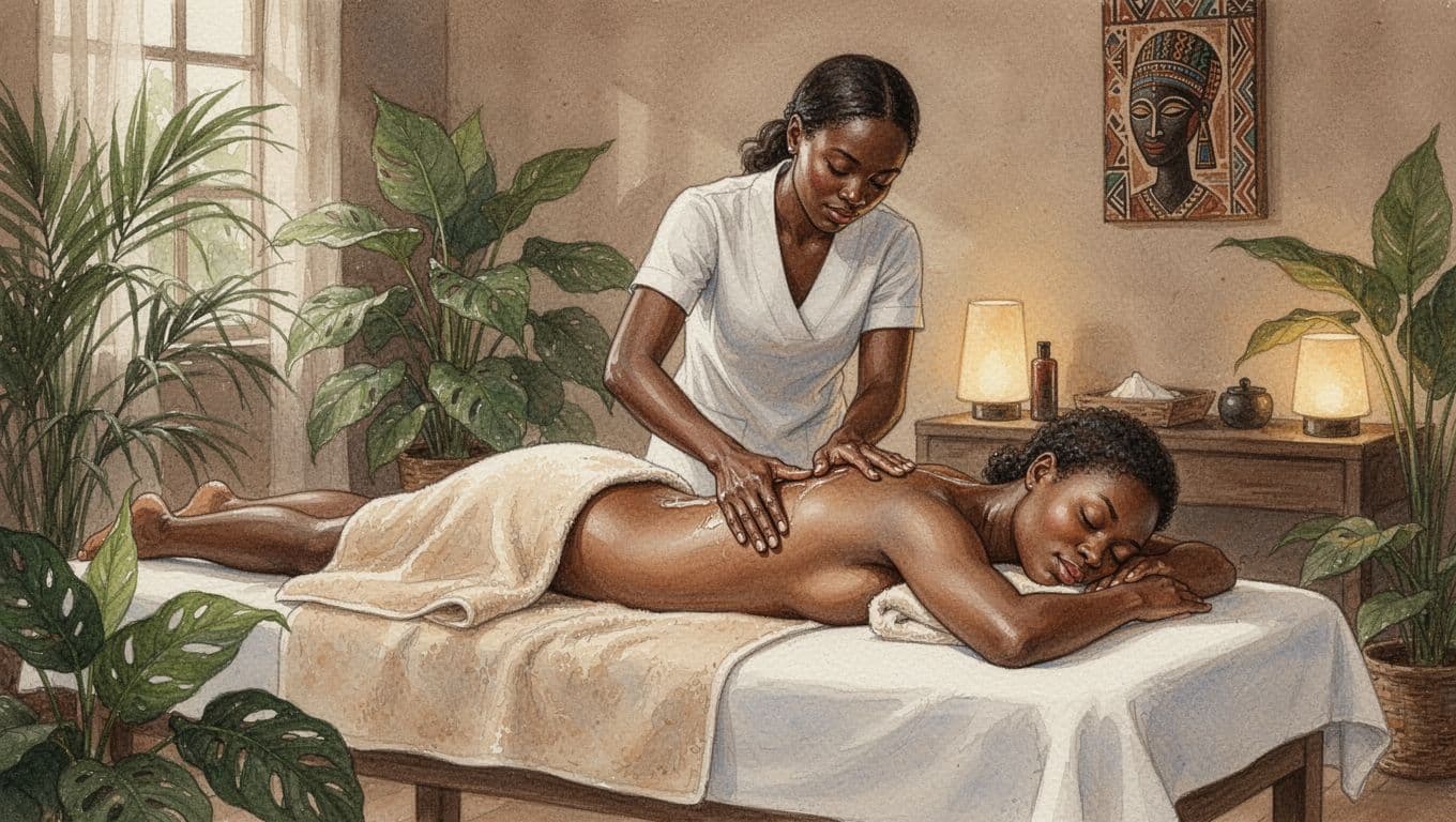 Nairobi Massage Spa Telegram: What to Check Before You Book Therapist massages back of face-down client under towel on table in serene spa with plants, soft lights, and African decor.