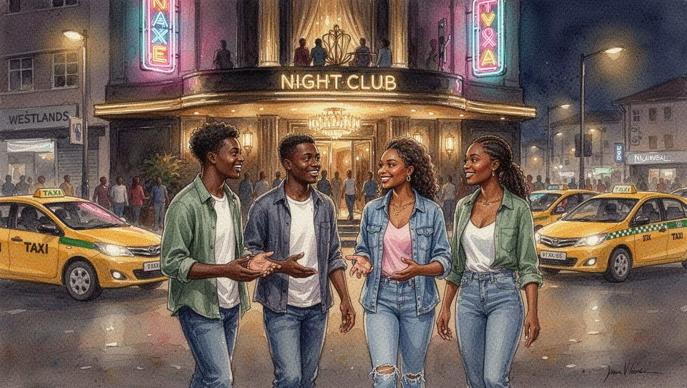 Vibrant upscale nightclub exterior in Nairobi Westlands at night features a diverse crowd of four young adults chatting and entering under colorful neon lights, with a busy street and taxis nearby in watercolor style.