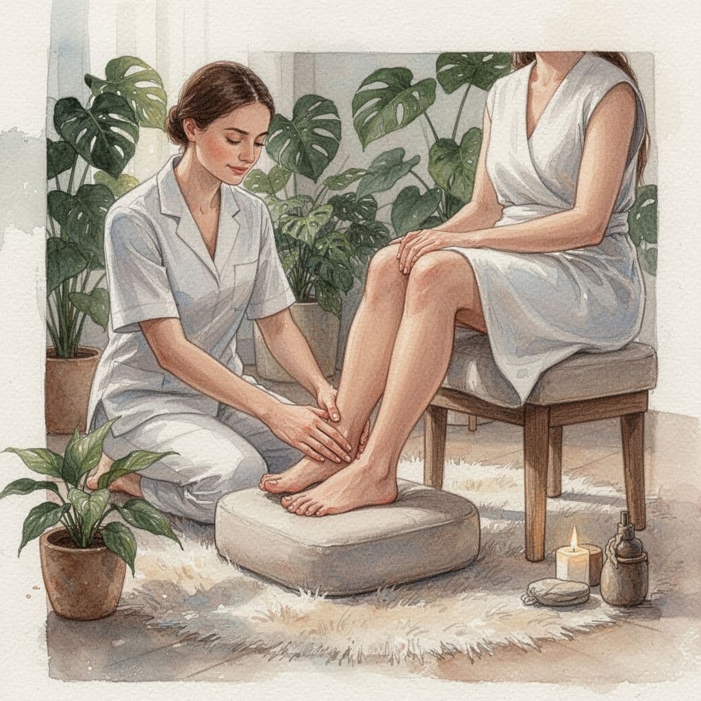Massage Therapy in Nairobi: How to Choose the Right Session Therapist massages client's feet on cushioned stool in spa lounge with plants and rugs, watercolor style.
