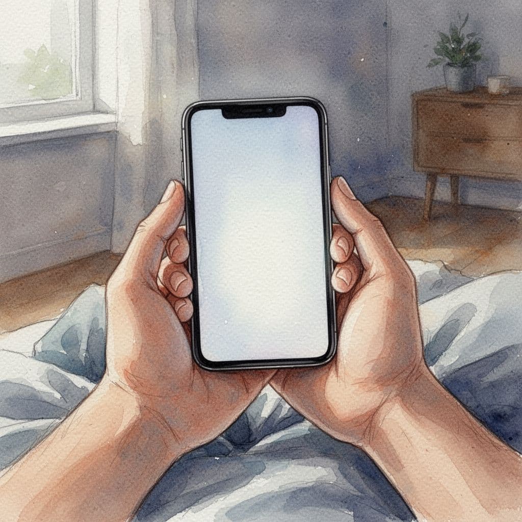 Nairobi Massage Spa Telegram: How to Read Local Listings A pair of hands holds a glowing smartphone in a soft, artistic watercolor style.