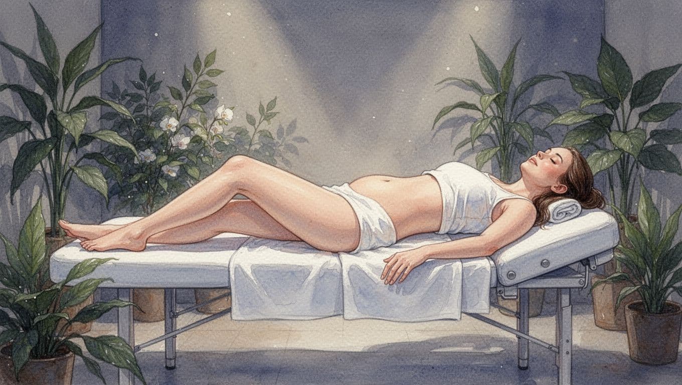 Lymphatic Drainage Massage in Nairobi: Benefits and What to Expect Relaxed woman lies on massage table with smooth de-puffed legs and abdomen in serene spa, watercolor style.
