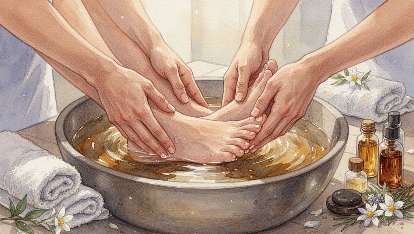 Massage Therapy Near Me in Nairobi: What to Look For Hands massage feet with thumbs on soles and arches near basin, towels, and oils in watercolor style.