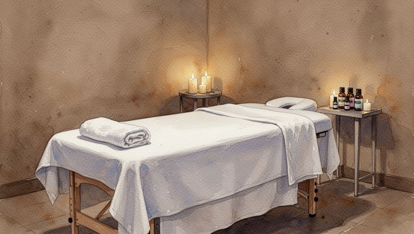 Hand and Stone Massage in Nairobi: What to Expect Empty spa room with draped massage table, folded towels, essential oil bottles, and candlelight.