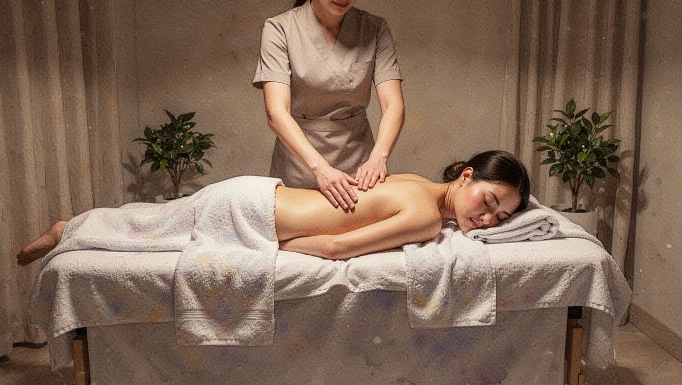 Full Body Massage in Nairobi: Styles, Safety, and What to Expect Person on massage table in dim spa room as single masseuse applies gentle pressure to back, watercolor with soft brush texture.