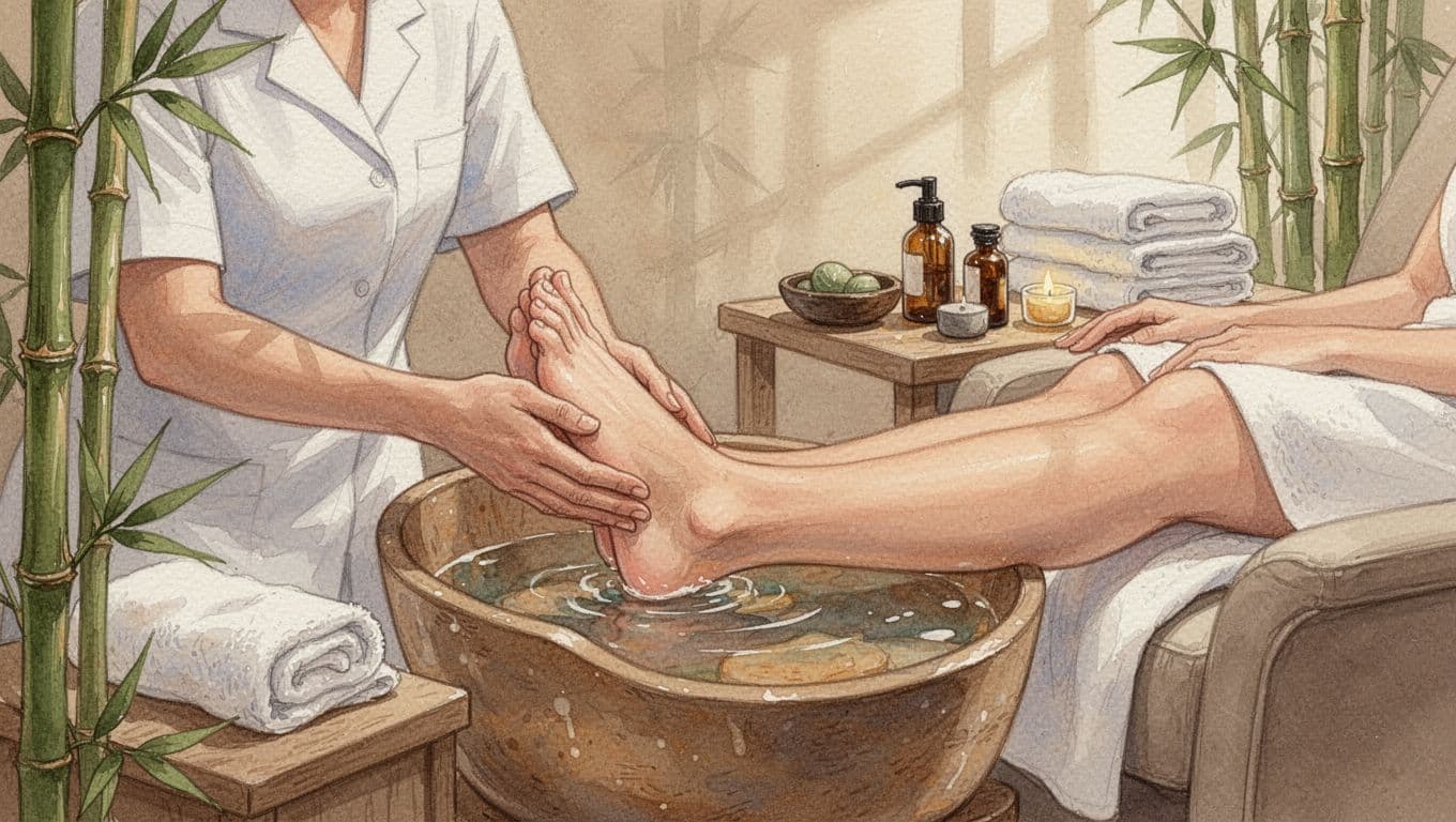 Elements Massage and What Nairobi Readers Should Know Therapist massages client's bare foot in spa chair with warm water basin, towels, and oils nearby.