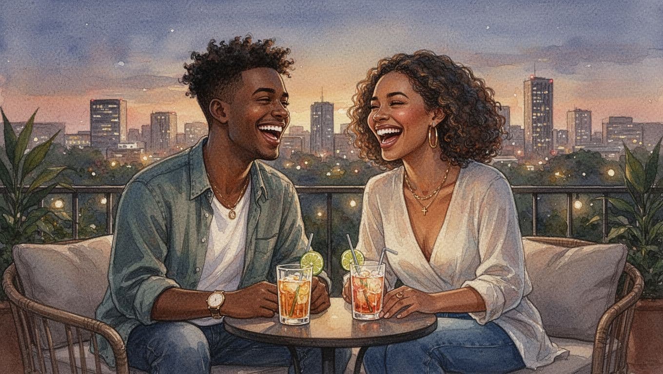 Two stylish young adults laugh together on a Nairobi lounge terrace at evening, city skyline glowing softly behind them in watercolor style with relaxed intimate vibe and drinks on table.