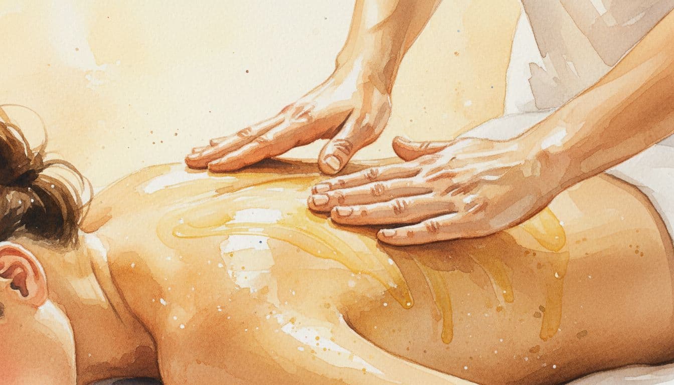 Full Body Massage in Nairobi: Styles, Safety, and What to Expect Close-up of two hands gliding over oiled back in Swedish massage strokes, watercolor style with soft brush texture.