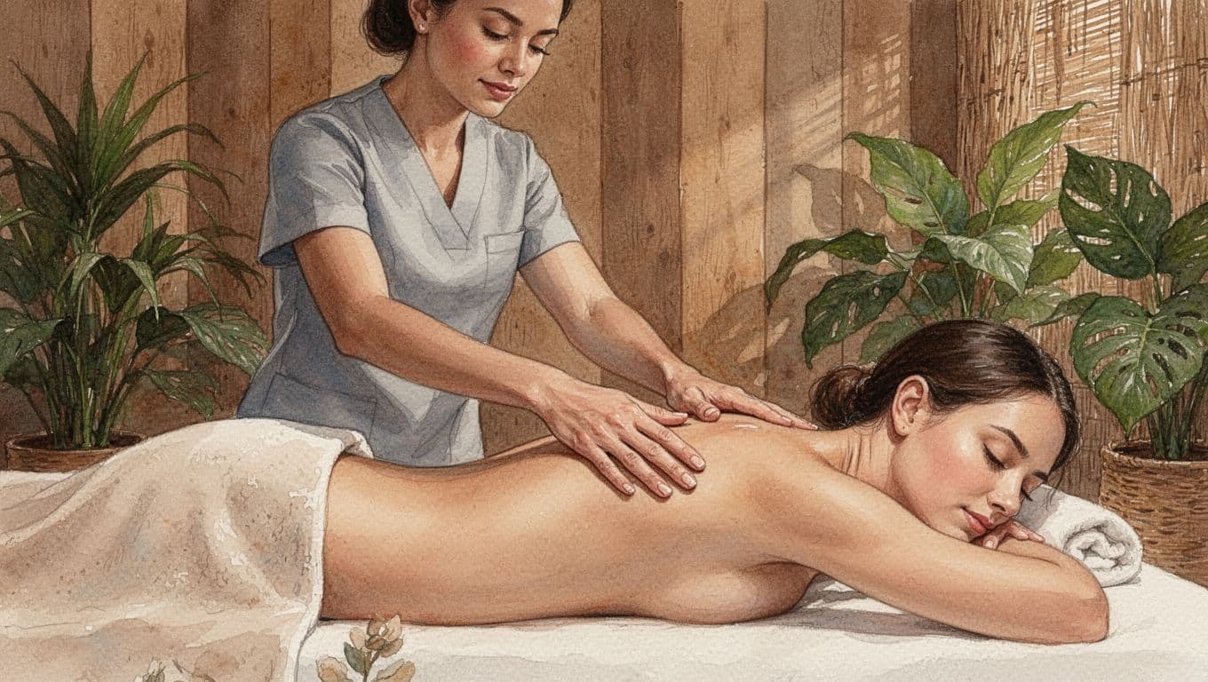 How to Choose a Massage Therapist in Nairobi Female therapist performs Swedish massage on relaxed female client in wooden Nairobi spa, side view of hands on back.