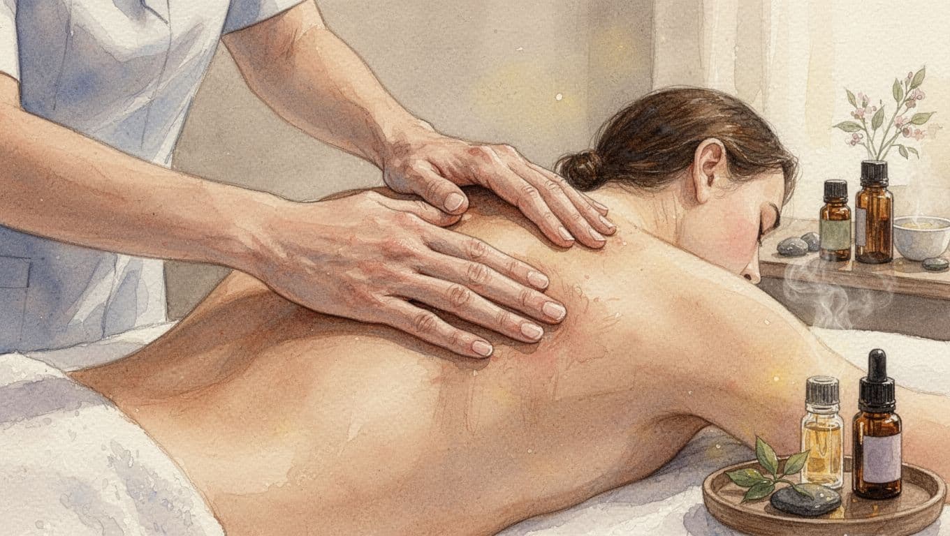 Hand and Stone Massage in Nairobi: What to Expect Two hands apply light pressure to client's shoulder and upper back with essential oils in watercolor style.