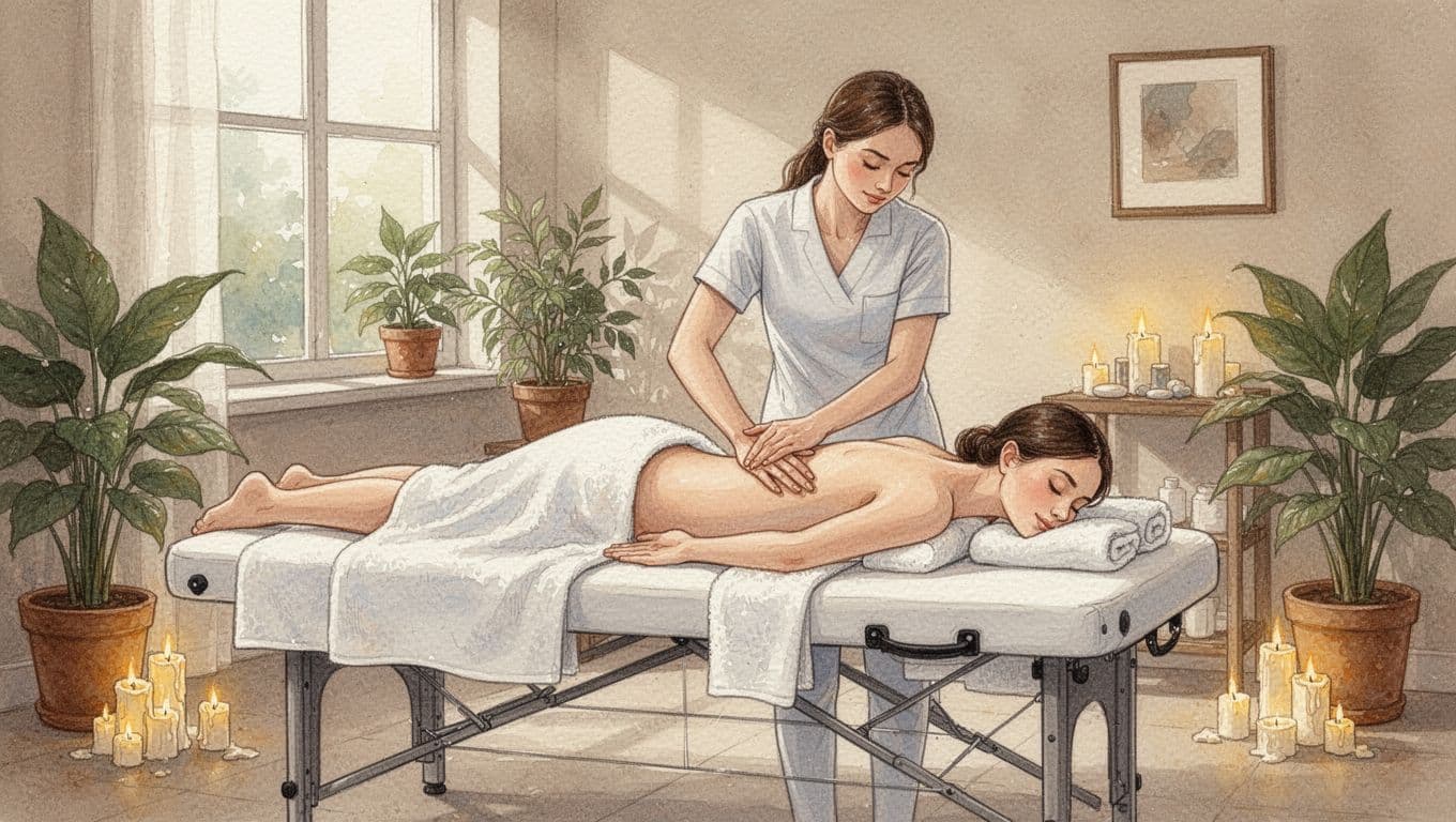 Elements Massage and What Nairobi Readers Should Know Female therapist applies strokes to client's back on table in spa with plants, candles, and soft light, watercolor style.