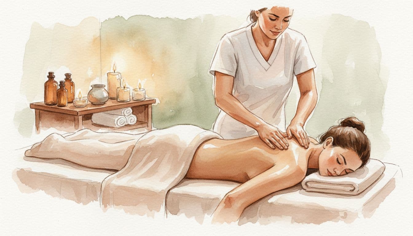 Massage Therapy in Nairobi: How to Choose the Right Session Female therapist massages client's upper back on table in spa room with towels, oils, and candles.