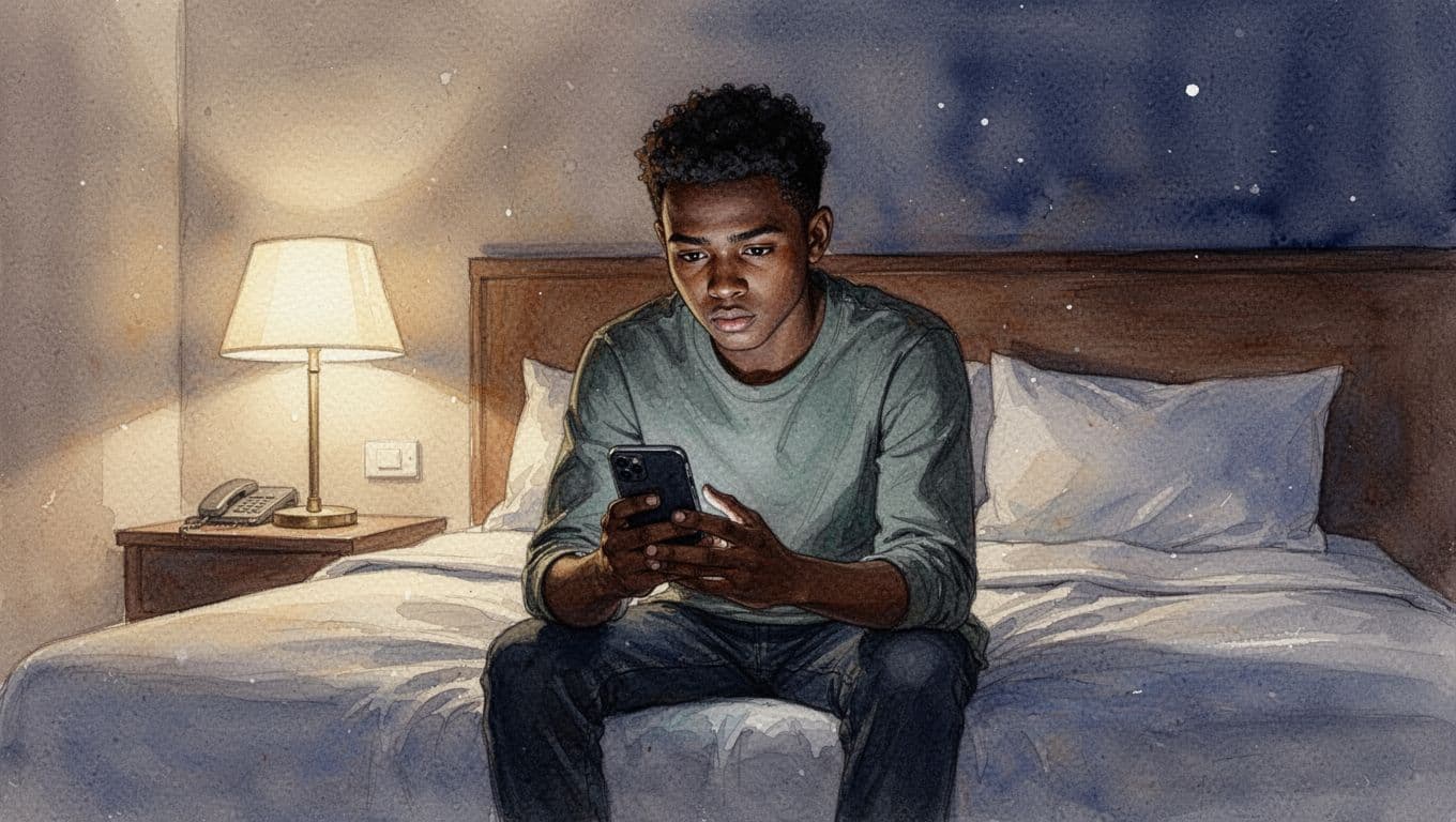 A young man sits thoughtfully on a hotel bed in Nairobi at night, checking his phone screen with a cautious expression while reviewing profiles, lit by soft bedside lamp in watercolor style with blending brush textures.