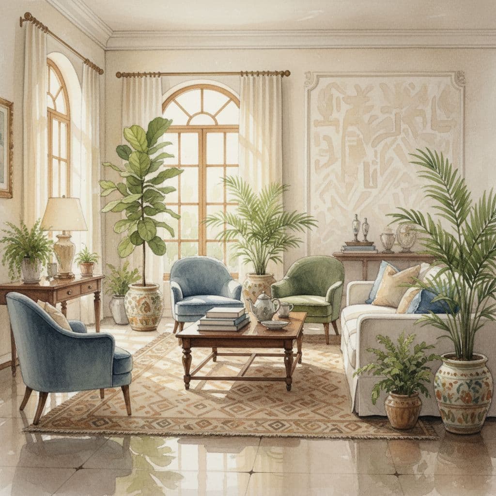 Raha Escorts in Nairobi: How People Search, Compare, and Decide A soft watercolor illustration captures a peaceful, high-end interior featuring comfortable furnishings and lush indoor greenery.