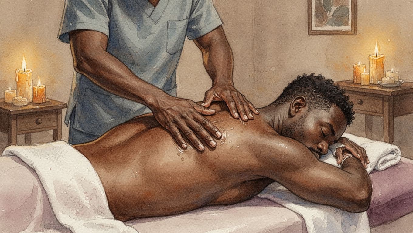 How to Choose a Massage Therapist in Nairobi Male therapist applies pressure to male client's upper back on padded table in dimly lit watercolor room.