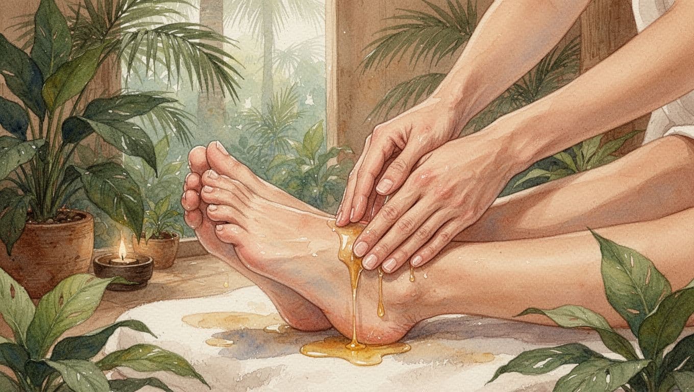 Nairobi Massage Spa Telegram: What to Check Before You Book Hands massage oiled feet in spa chair amid tropical plants, watercolor style.