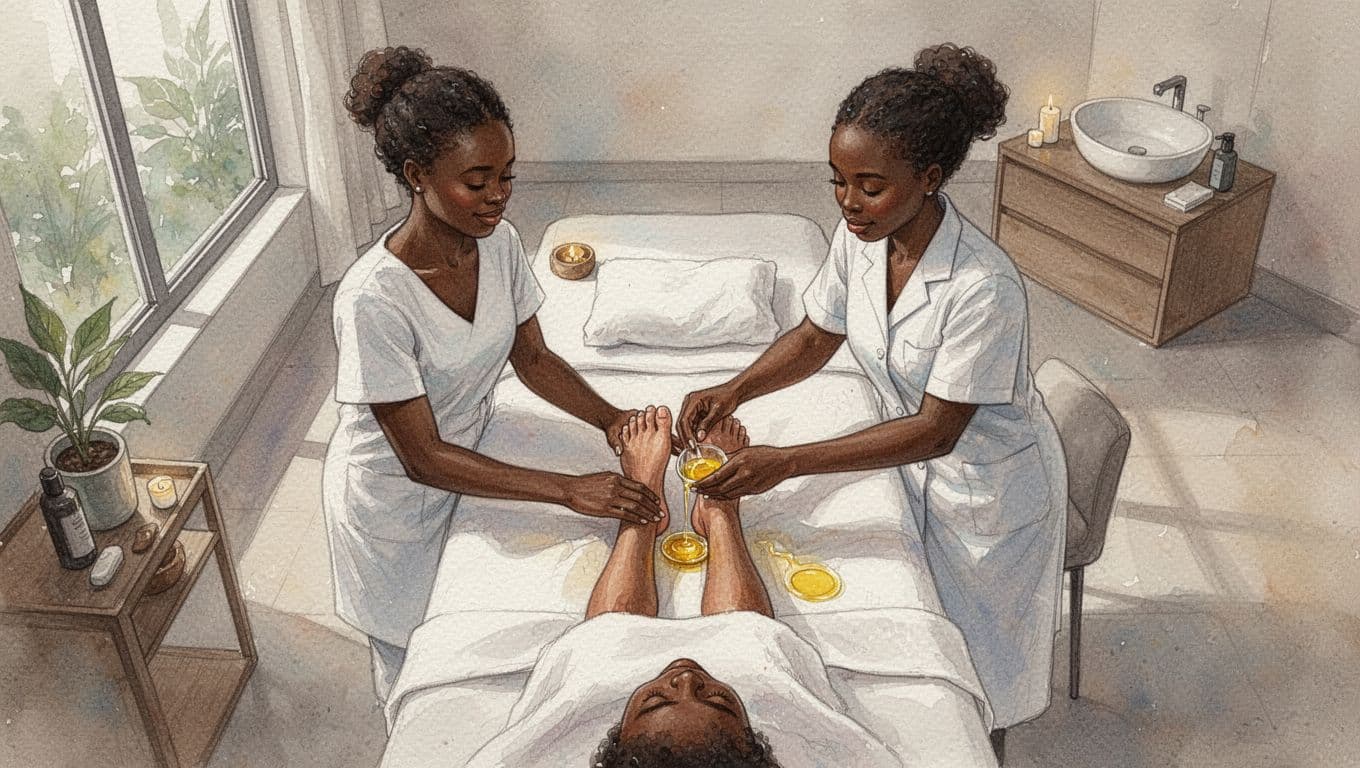 How to Choose a Massage Therapist in Nairobi Overhead watercolor view of female therapist massaging female client's oiled feet in modern spa.