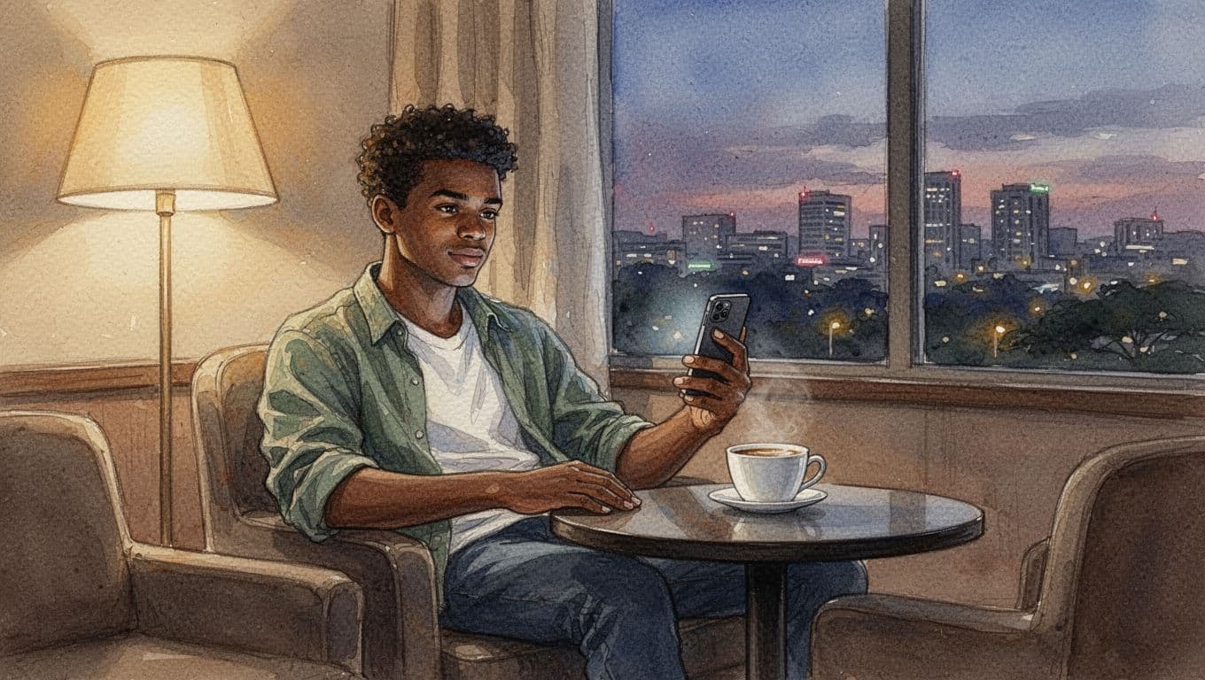 Young adult male sits relaxed at a table in a cozy Nairobi hotel lounge at dusk, holding phone away from view with coffee nearby, in watercolor style with soft blending.