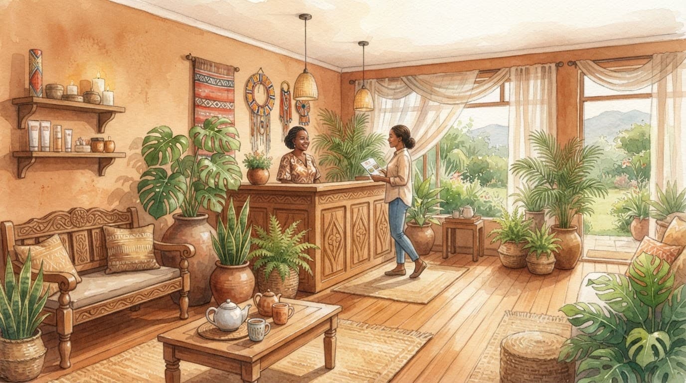 A watercolor painting of a warm spa interior with wooden decor and potted plants.