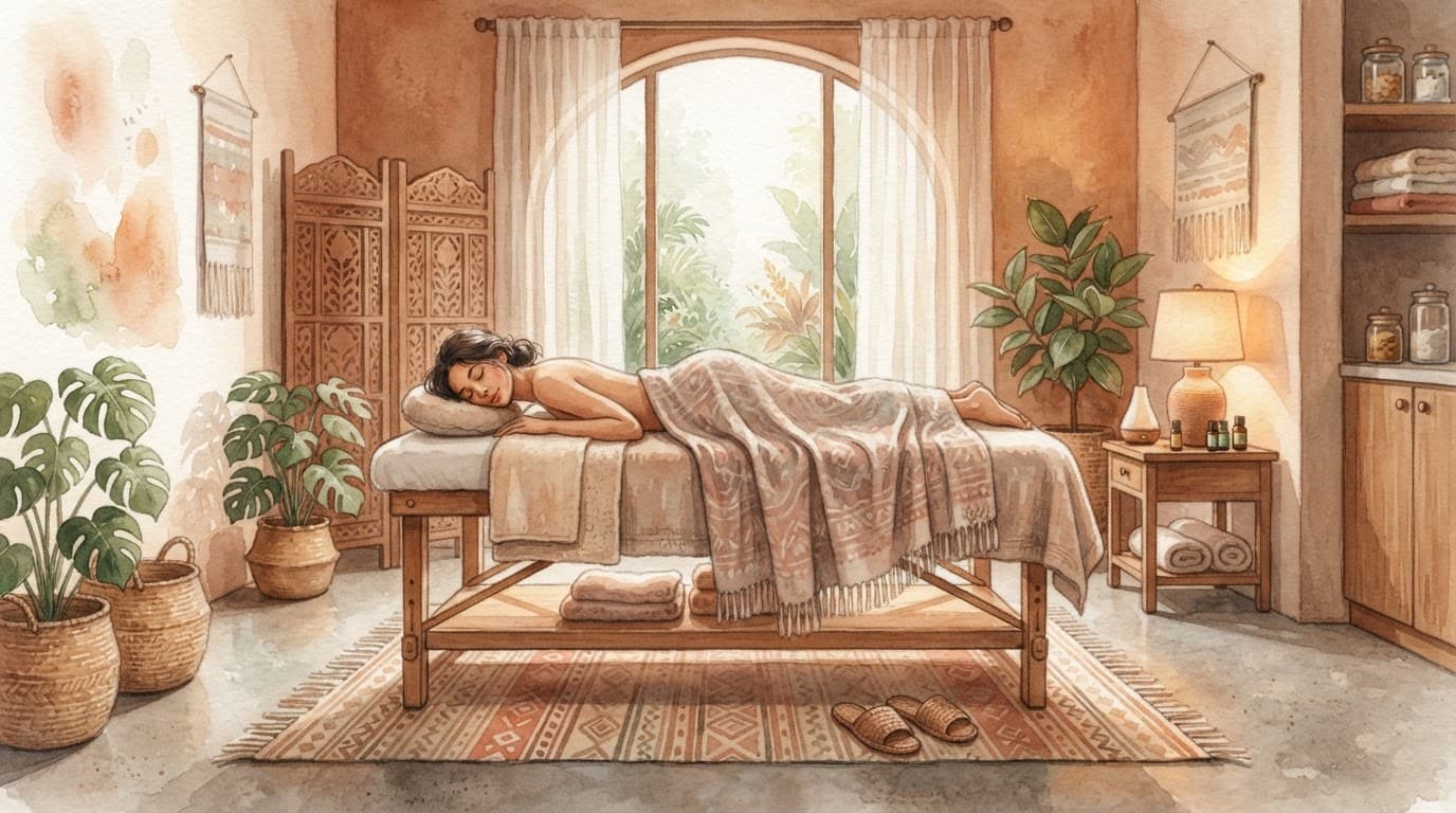 A soft watercolor painting of a person relaxing on a spa massage table.
