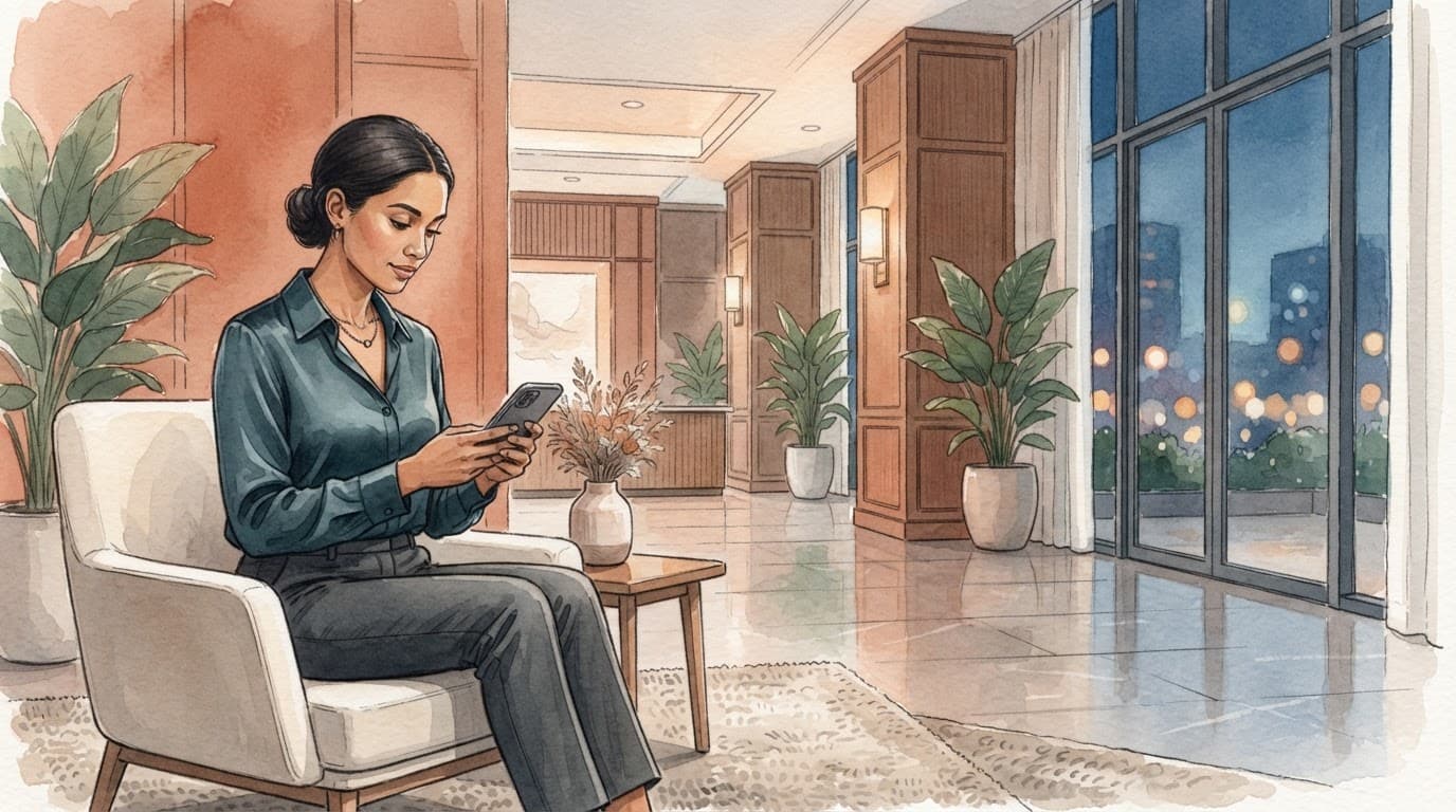 A woman checks her phone in a warmly lit lobby with plants and city lights.