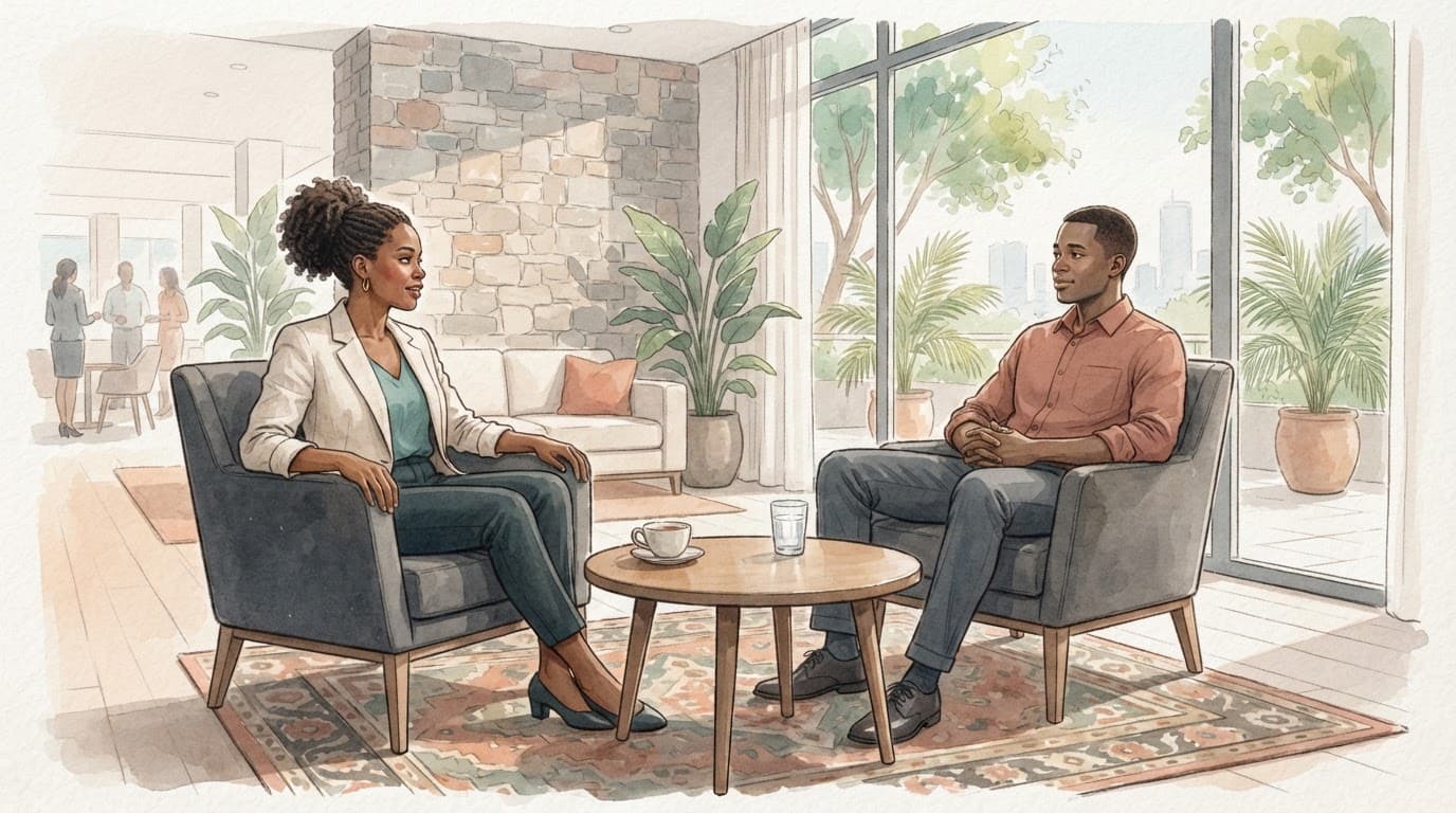 Two adults sit apart for a conversation in a bright Nairobi hotel lounge.